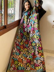 Black Handmade Nakshi Kantha Dupatta in Pure Silk