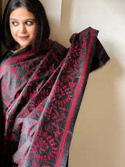 Black Handmade Nakshi Kantha Dupatta in Pure Silk