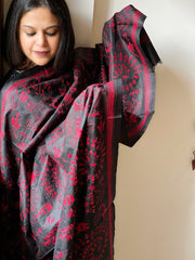 Black Handmade Nakshi Kantha Dupatta in Pure Silk