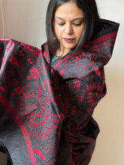 Black Handmade Nakshi Kantha Dupatta in Pure Silk