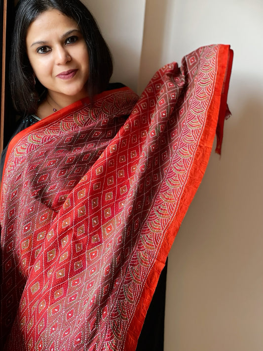Orange, Maroon Handmade Kantha Dupatta in Silk