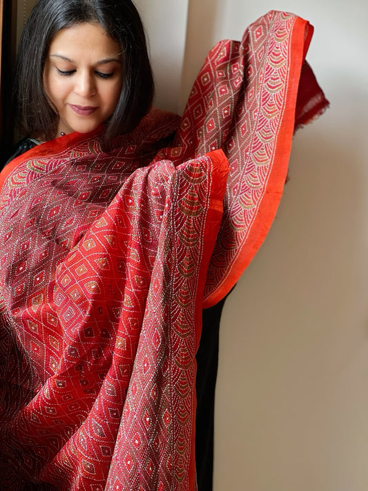 Orange, Maroon Handmade Kantha Dupatta in Silk