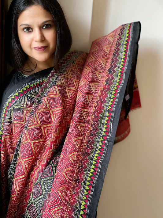 Red, Black Handmade Kantha Dupatta in Silk