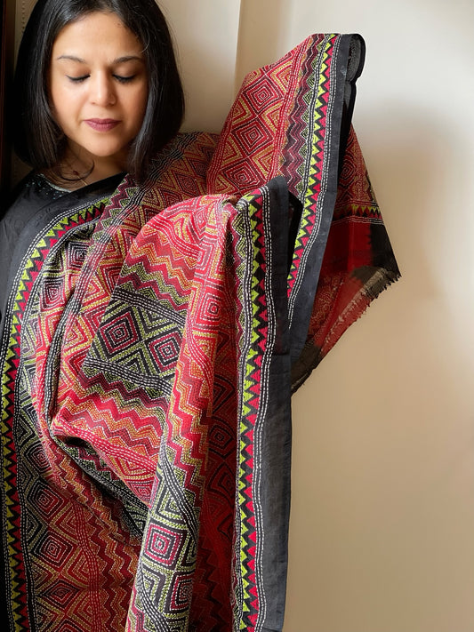 Red, Black Handmade Kantha Dupatta in Silk
