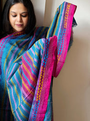 Blue, Pink Handmade Kantha Dupatta in Silk