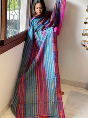 Blue, Pink Handmade Kantha Dupatta in Silk