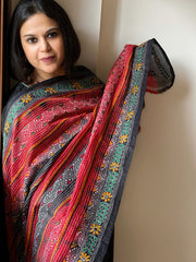Red, Black Handmade Kantha Dupatta in Silk