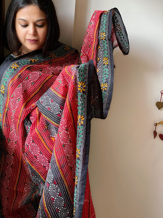 Red, Black Handmade Kantha Dupatta in Silk