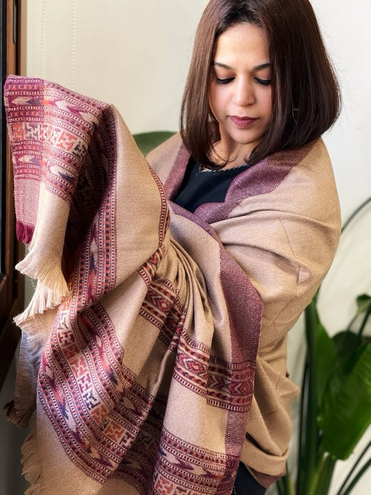 Lite Brown Woven Kullu Woollen Shawl