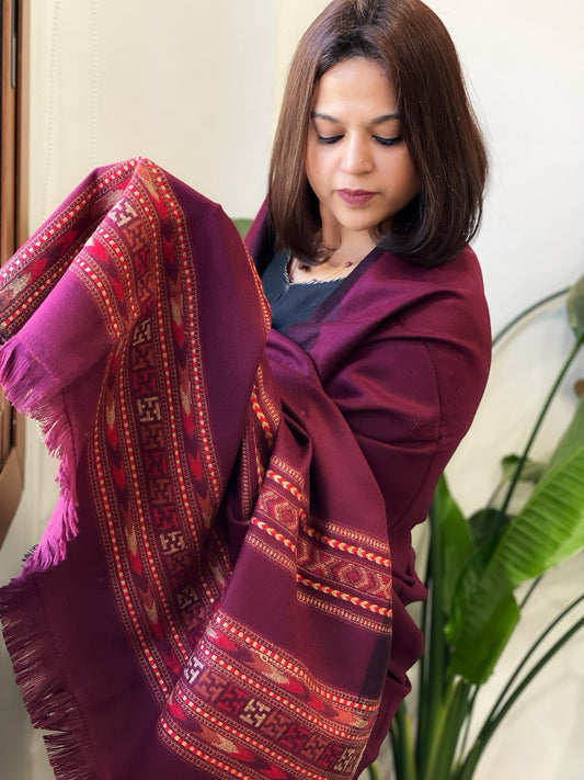 Maroon Woven Kullu Woollen Shawl