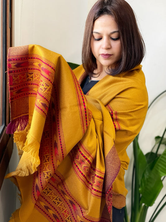 Mustard Yellow Woven Kullu Woollen Shawl