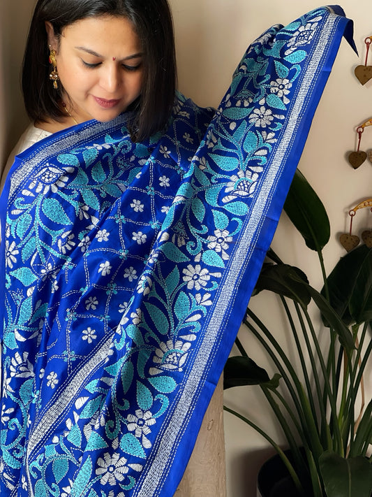 Blue Handmade Nakshi Kantha Dupatta in Pure Silk