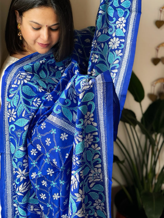 Blue Handmade Nakshi Kantha Dupatta in Pure Silk