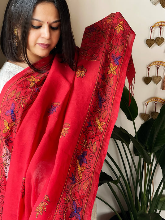 Red Handmade Kantha Dupatta in Cotton