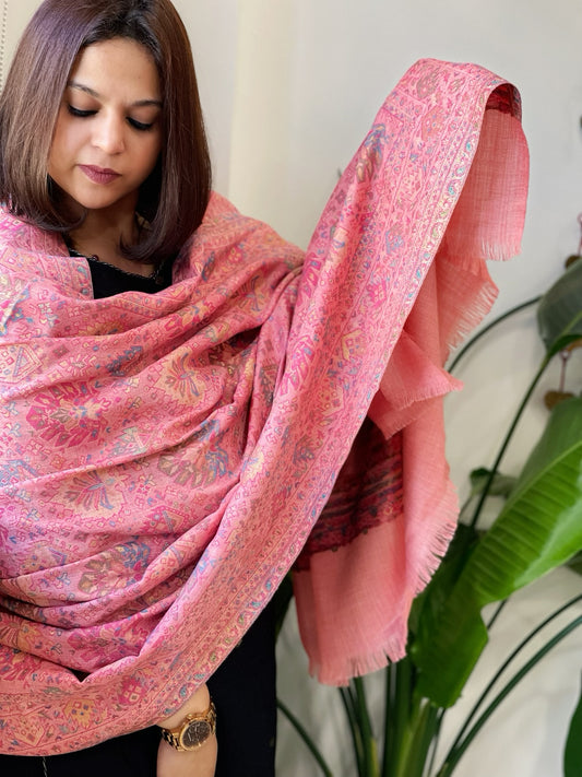 Pink Woven Kaani Jaal Pashmina Shawl with Zari