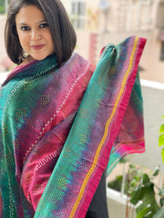 Blue, Pink Handmade Kantha Dupatta in Silk
