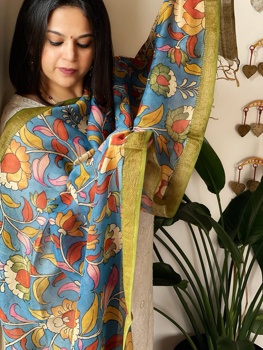 Blue Handpainted Kalamkari Dupatta in Chanderi Silk