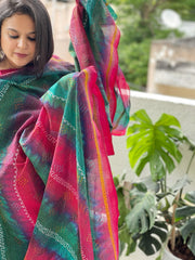 Blue, Pink Handmade Kantha Dupatta in Silk