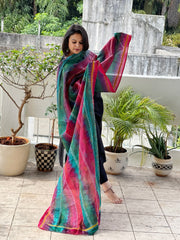 Blue, Pink Handmade Kantha Dupatta in Silk