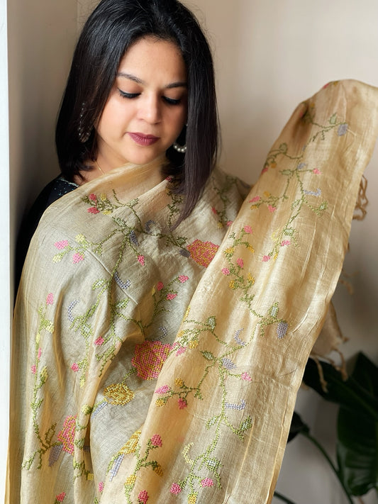 Tussar Silk Dupatta with thread embroidery