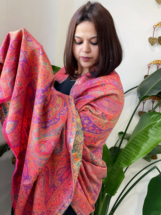 Pink Woven Kaani Jaal Pashmina Shawl with Zari