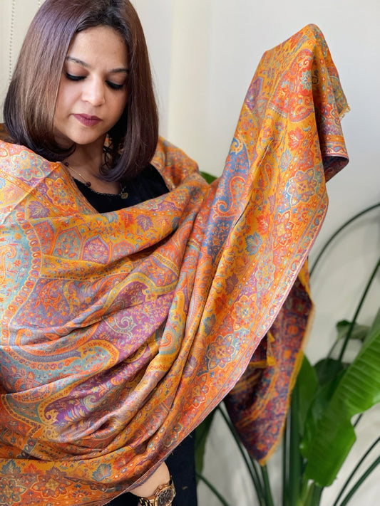 Yellow Woven Kaani Jaal Pashmina Shawl with Zari