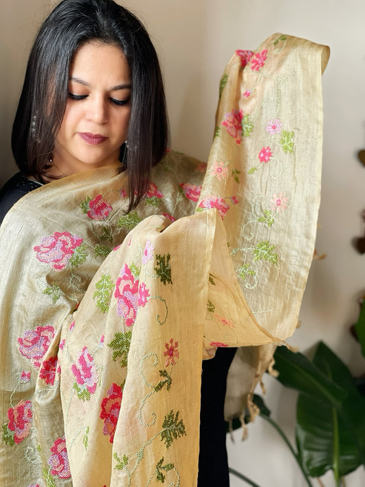 Tussar Silk Dupatta with thread embroidery