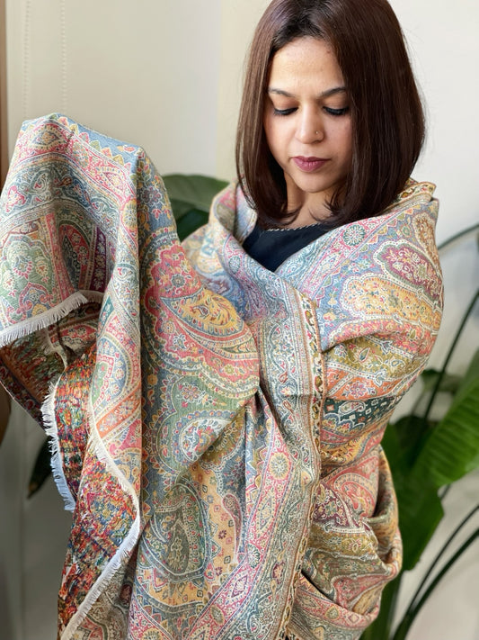 White Woven Kaani Jaal Pashmina Shawl with Zari