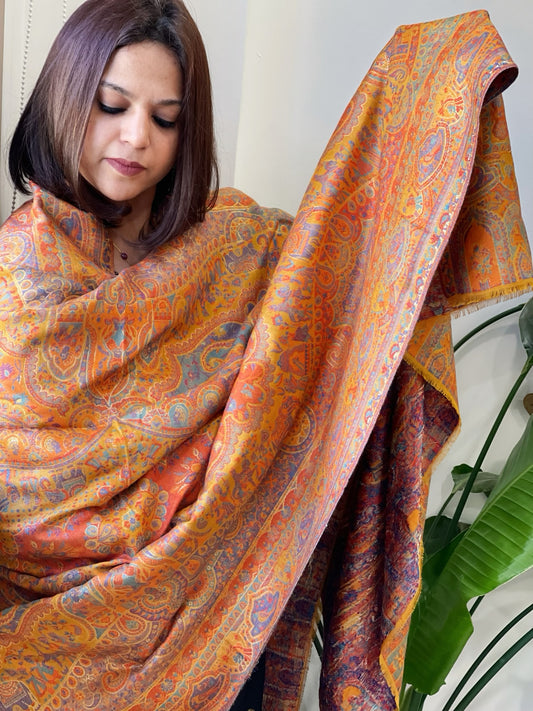 Yellow Woven Kaani Jaal Pashmina Shawl with Zari