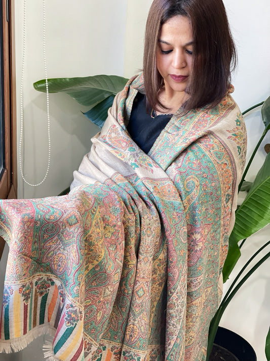 Lite Brown Woven Kaani Jaal Pashmina Shawl