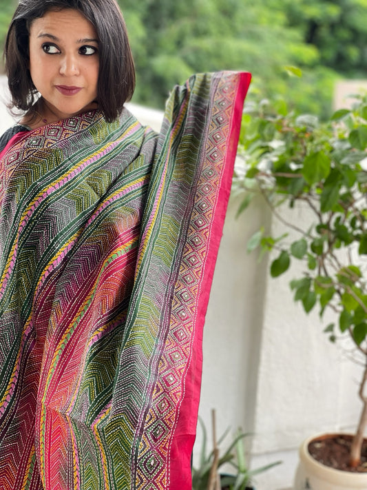 Green, Red Handmade Kantha Dupatta in Silk