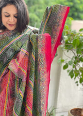 Green, Red Handmade Kantha Dupatta in Silk