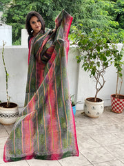 Green, Red Handmade Kantha Dupatta in Silk