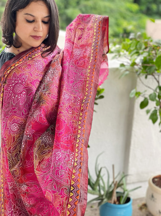 Maroon, Pink Handmade Reverse Kantha Dupatta in Silk