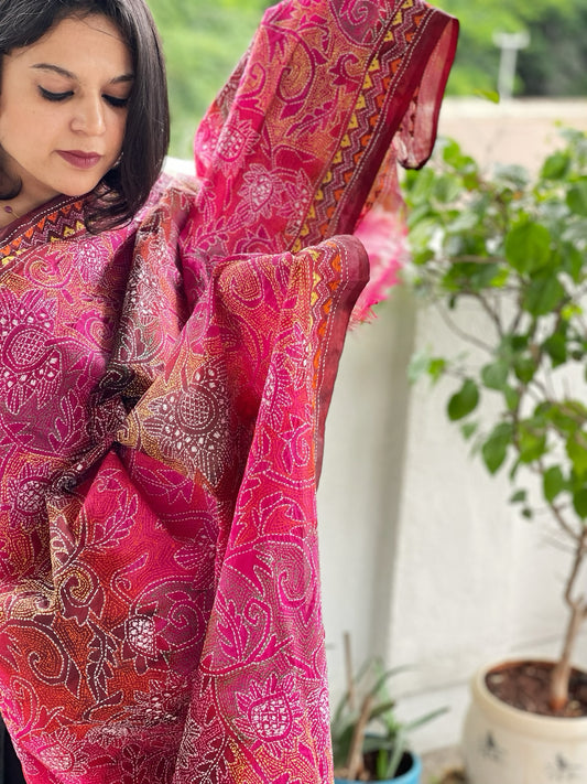 Maroon, Pink Handmade Reverse Kantha Dupatta in Silk