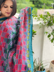 Blue, Pink Handmade Kantha Dupatta in Silk