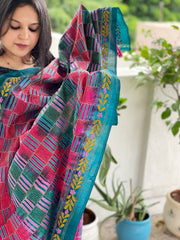 Blue, Pink Handmade Kantha Dupatta in Silk