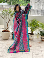 Blue, Pink Handmade Kantha Dupatta in Silk