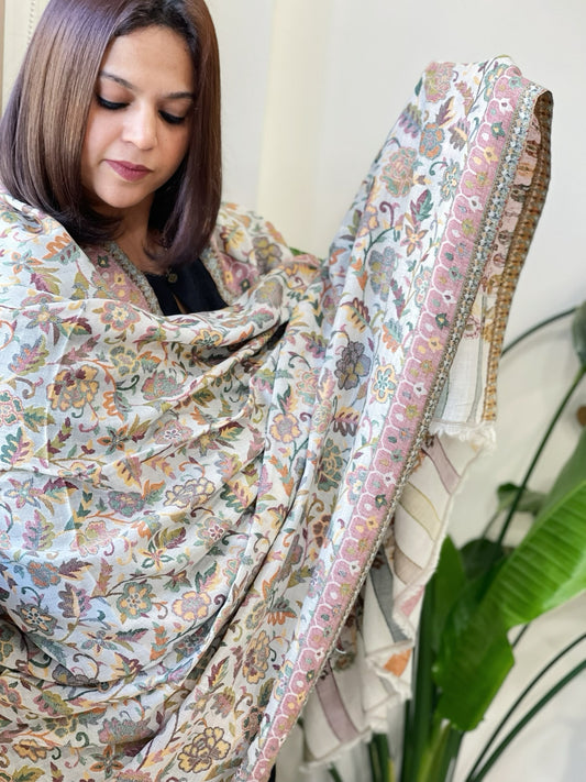 White Woven Kaani Jaal Pashmina Shawl