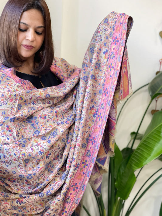 Lite Brown, Grey Woven Kaani Jaal Pashmina Shawl