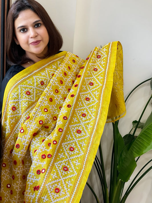 Yellow Handmade Sindhi Kadhai with Real Mirror Handwork Dupatta in Pure Silk