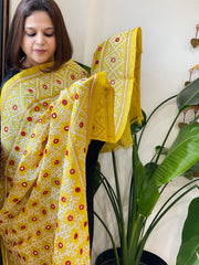 Yellow Handmade Sindhi Kadhai with Real Mirror Handwork Dupatta in Pure Silk