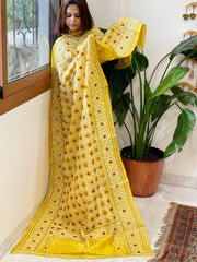Yellow Handmade Sindhi Kadhai with Real Mirror Handwork Dupatta in Pure Silk
