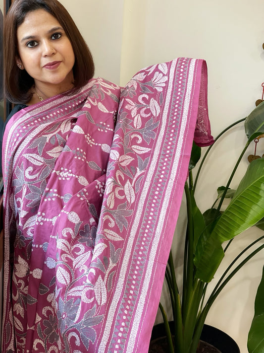 Pink Handmade Nakshi Kantha Dupatta in Pure Silk