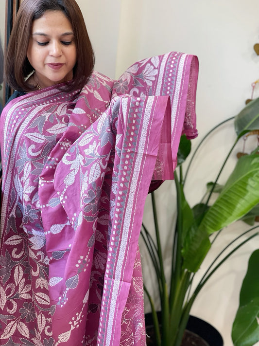 Pink Handmade Nakshi Kantha Dupatta in Pure Silk