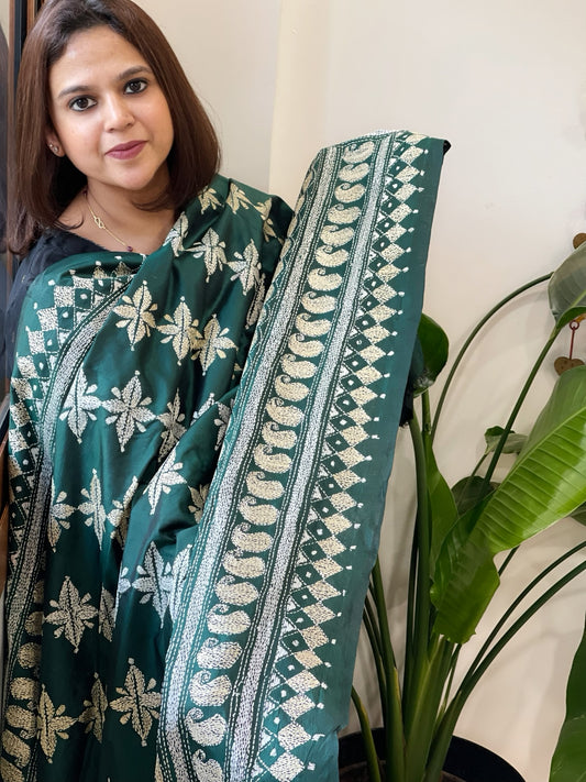 Green Handmade Nakshi Kantha Dupatta in Pure Silk
