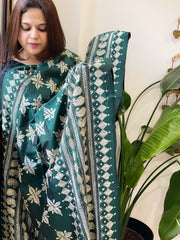 Green Handmade Nakshi Kantha Dupatta in Pure Silk