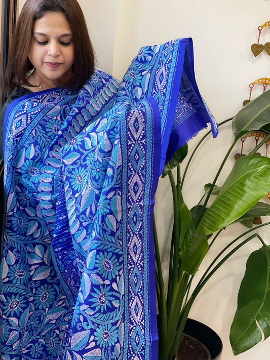 Blue Handmade Nakshi Kantha Dupatta in Pure Silk