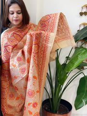 Beige Handmade Nakshi Kantha Dupatta in Pure Silk