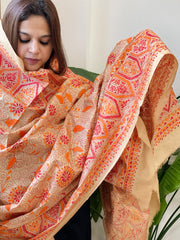 Beige Handmade Nakshi Kantha Dupatta in Pure Silk